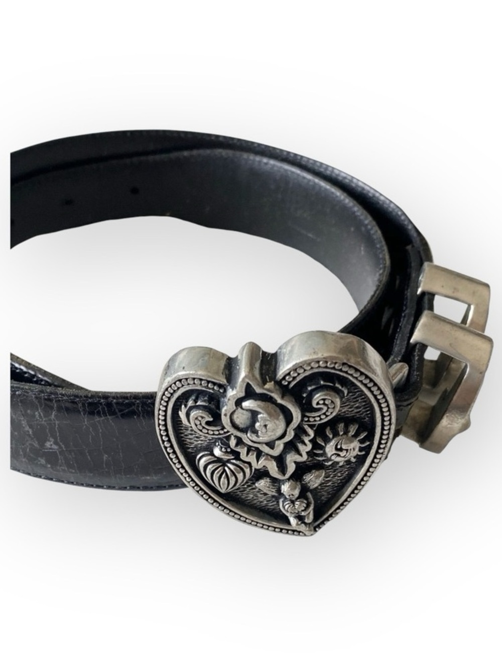 Vintage: Vincenza ☾ ©1997 Celestial Etched Metal Buckle Belt ☾ Black Leather - Picture 8 of 16